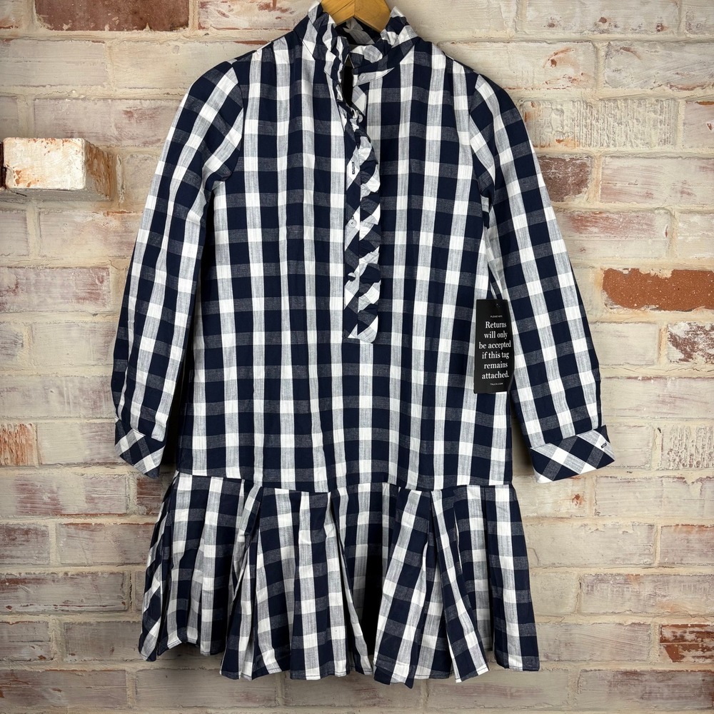 NWT Tuckernuck Navy Check Tate Dress Gingham Ruffle Cotton Linen Oversized XXS - Picture 2 of 14